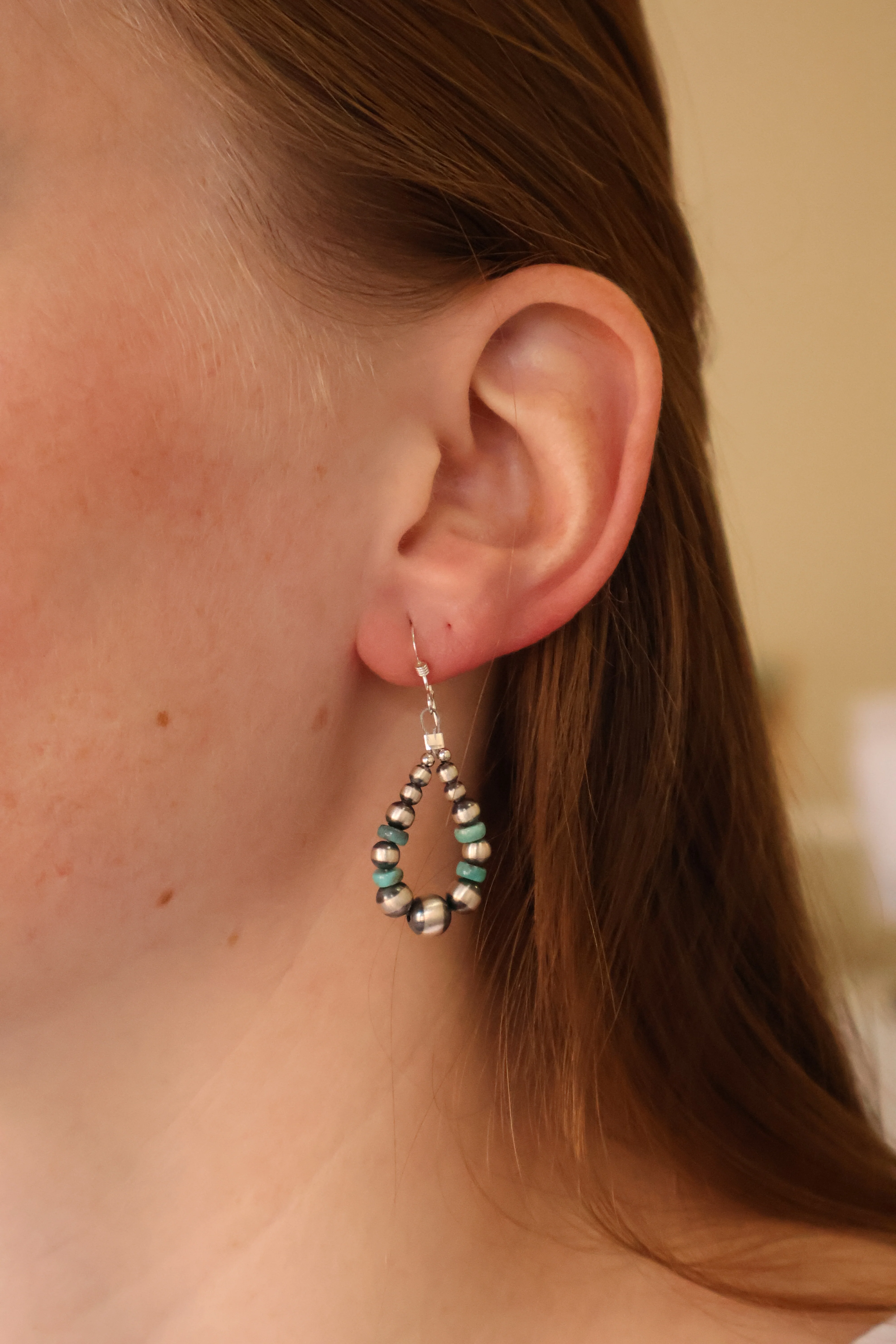 3mm Machine Made Pearl Earrings- Green Turquoise (1 1/2") - Image 2